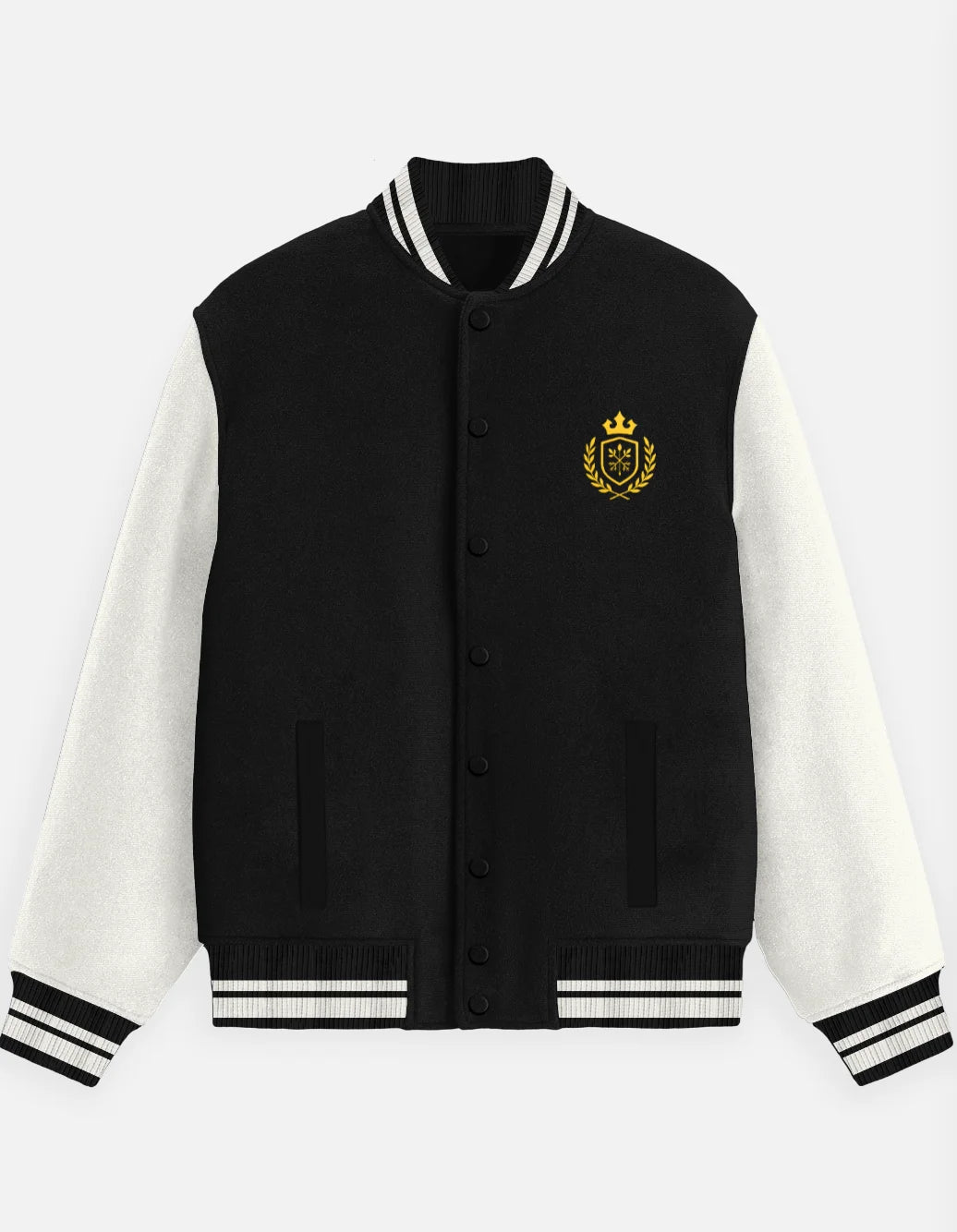 Black and white varsity jacket with a yellow emblem on a white background