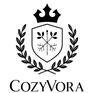 CozyVora logo with a shield and crown design on a white background