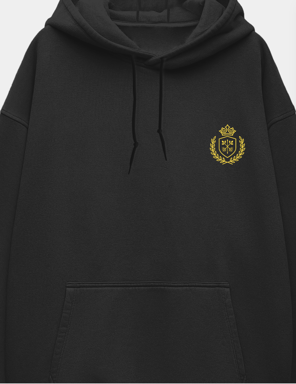 Black hoodie with a gold emblem on the chest against a white background