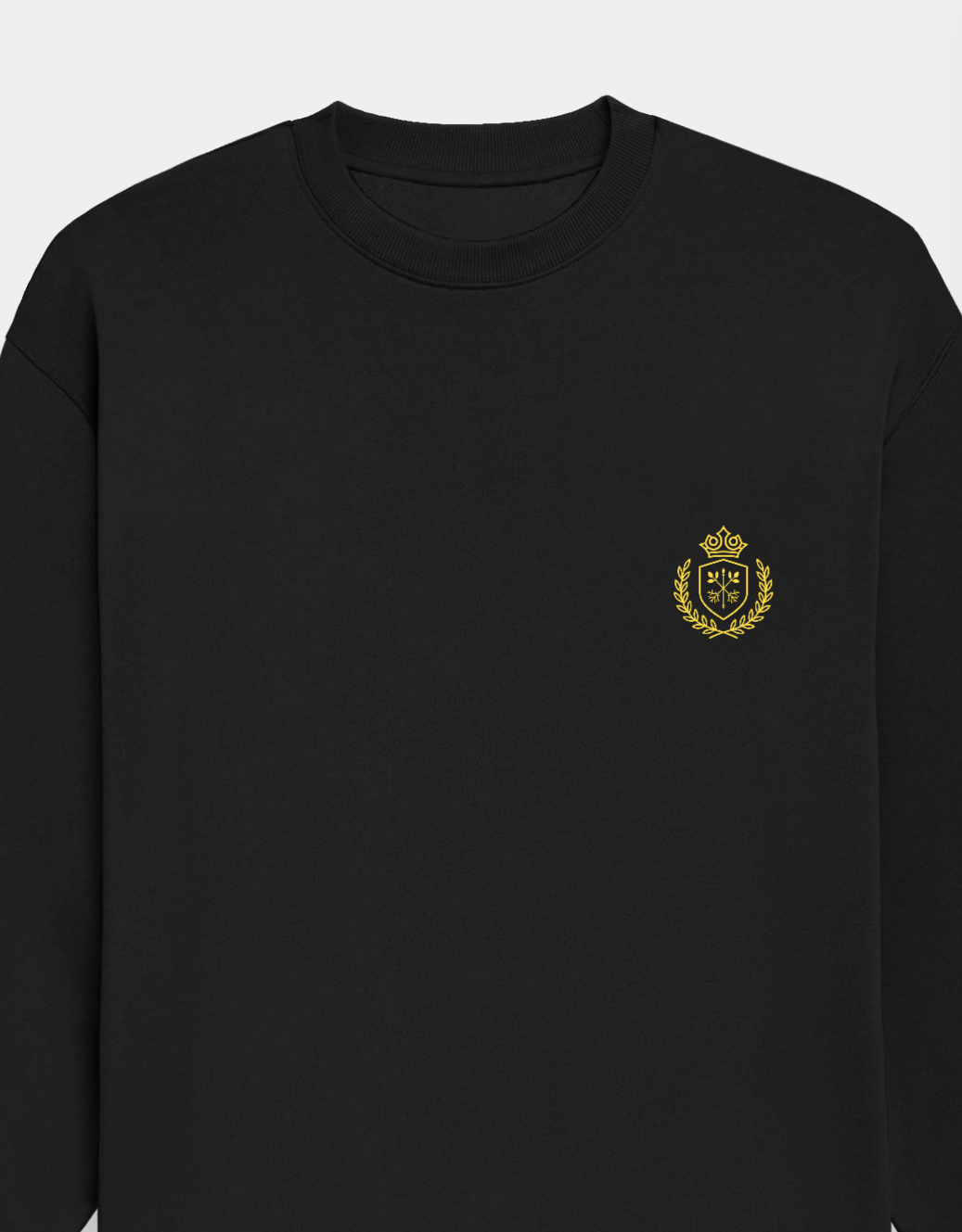 Black sweatshirt with a gold emblem on a white background