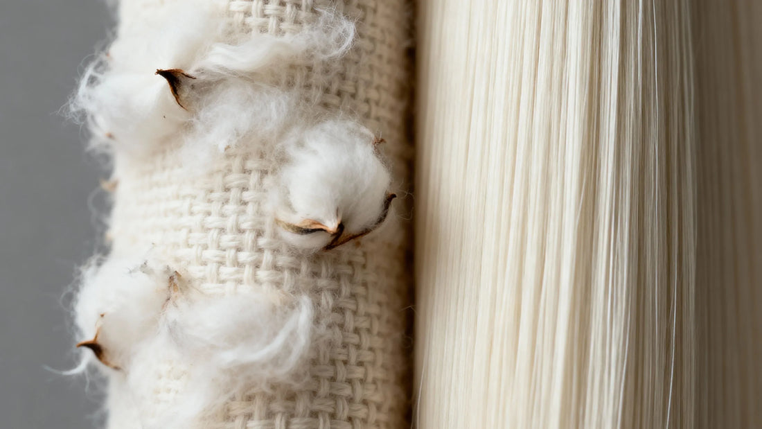 Raw cotton bolls on woven fabric next to combed cotton thread showing natural to processed textile transformation