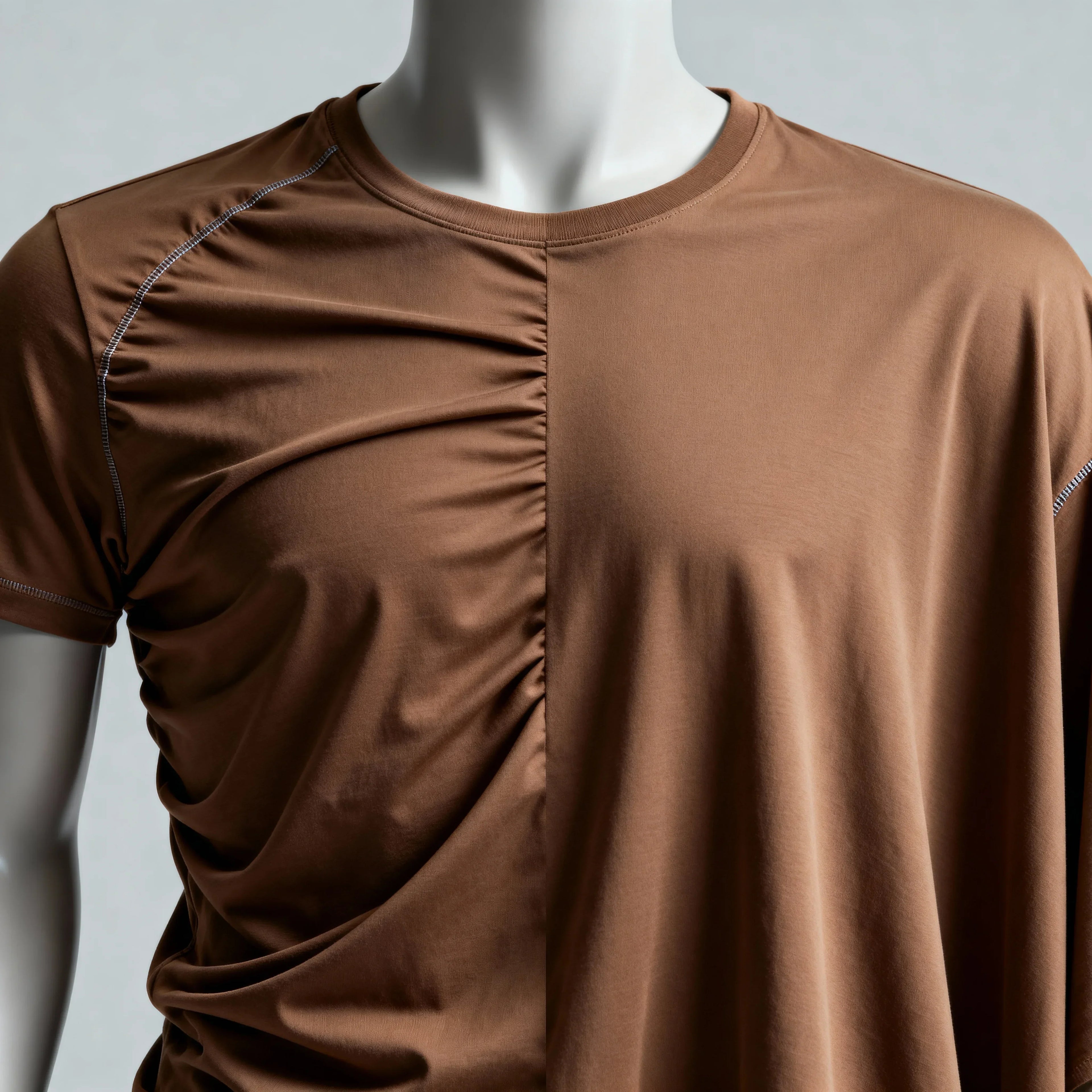 Split comparison of slim fit versus oversized t-shirt on mannequin showing fabric stress and natural drape difference