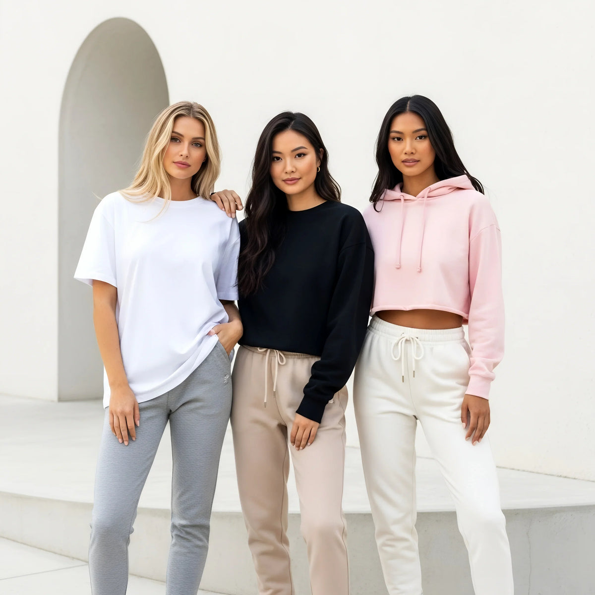 Three women wearing Cozyvora’s minimalist casual wear – oversized white tee, black lounge set, and cropped pink hoodie – styled in a clean, modern setting. Premium comfort-first fashion for women.