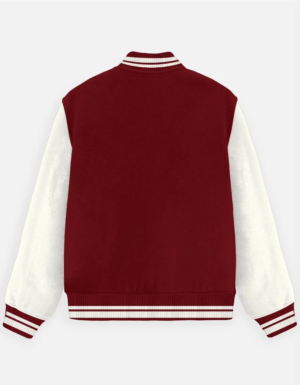 Red and white varsity jacket on a light gray background