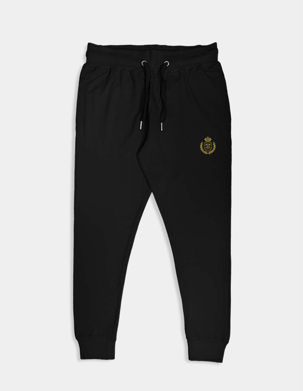 Offhour Joggers in brushed cotton fleece – unisex comfort wear in premium minimalist style

Black jogger pants with a gold emblem on a white background