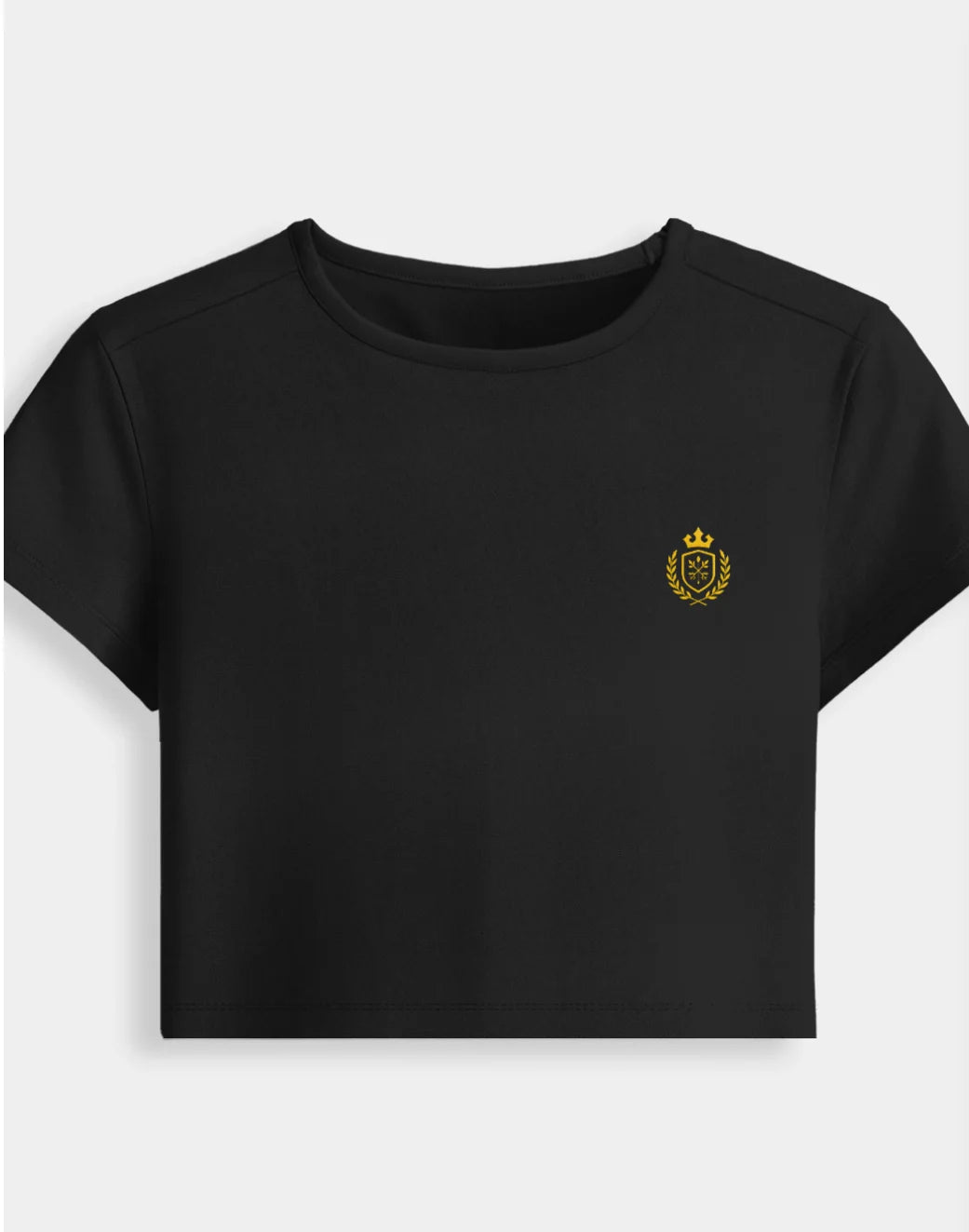 Black t-shirt with a yellow emblem on a white background.
Premium stretch cotton fabric of CozyVora baby tee – soft-touch cropped t-shirt for women in neutral tones.