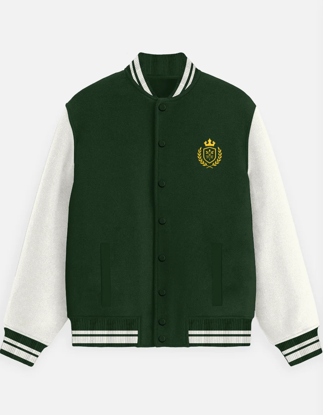 Green and white varsity jacket with a logo on a white background
