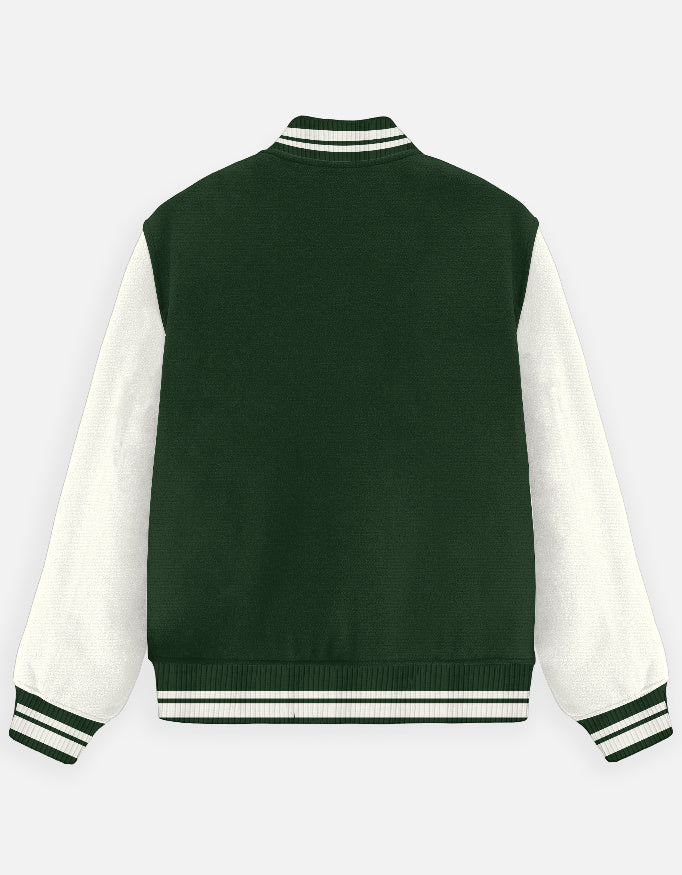 Green and white varsity jacket on a light gray background