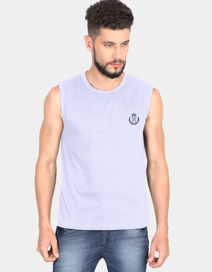 Man wearing a light purple sleeveless shirt with a logo on a white background
Clyne Tee