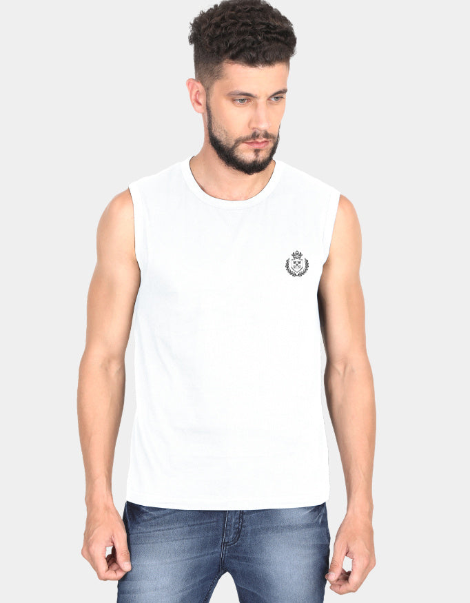 Man wearing a white sleeveless shirt with a logo on a plain background
Clyne Tee