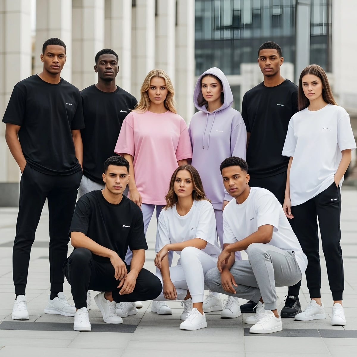 Group of people wearing a brand's clothing on a city street background