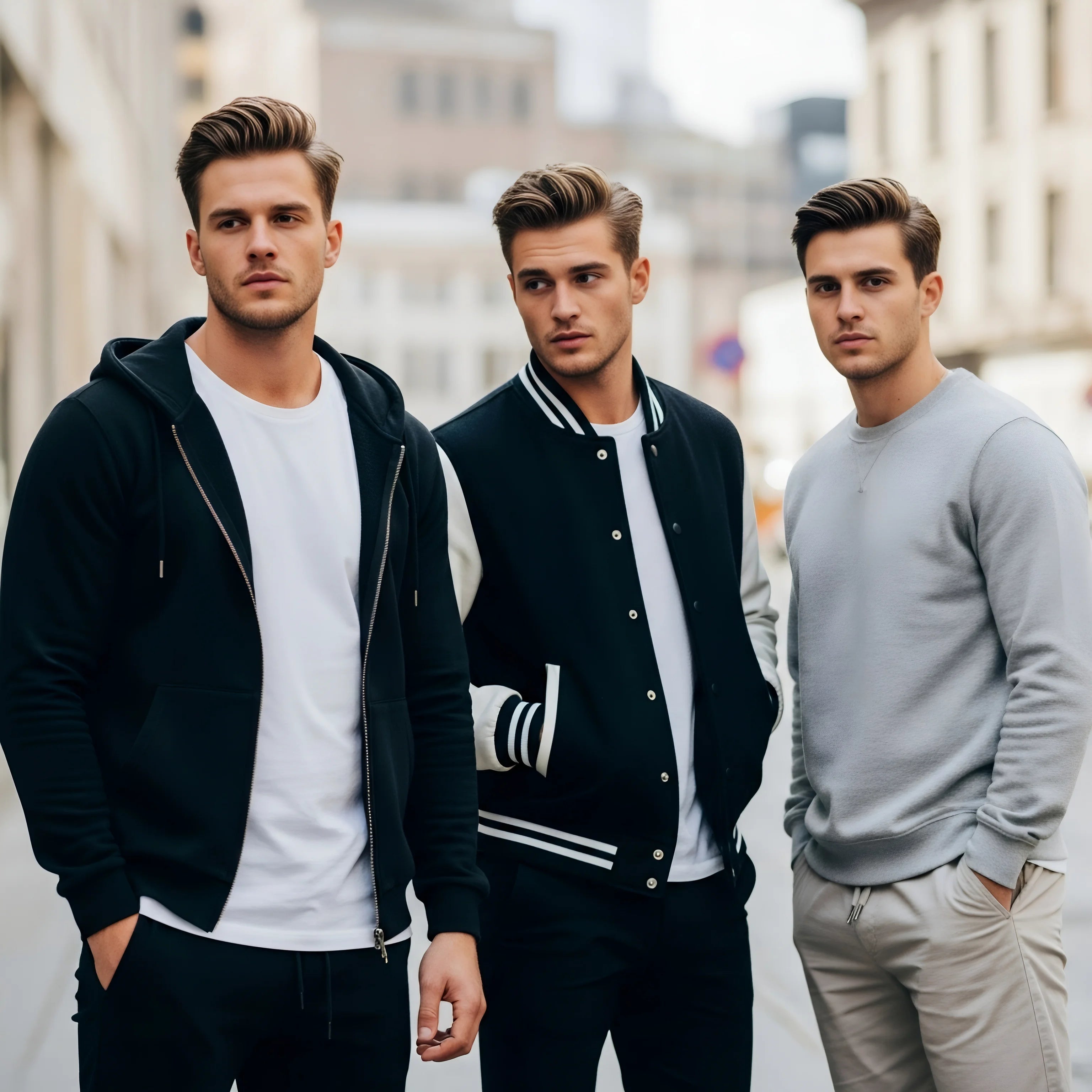 Three stylish men wearing minimalist casual outfits – black zip hoodie with white tee, black varsity jacket, and light grey sweatshirt – standing confidently on an urban street, showcasing CozyVora men’s collection.