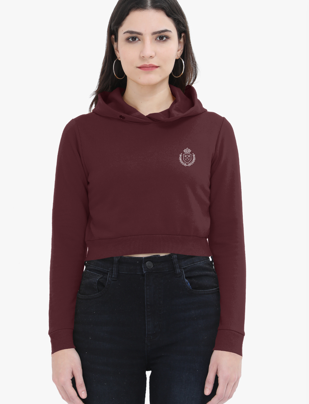 Woman wearing a maroon cropped hoodie with a small logo on a white background
Crestcrop Cropped Hoodie – Women’s 320 GSM Fleece – Minimalist Fit – CozyVora