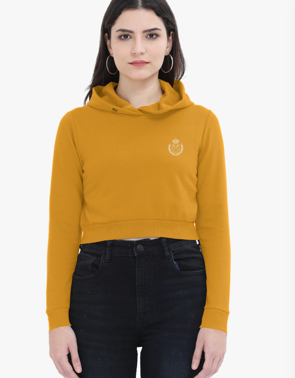 Woman wearing a mustard yellow hoodie with a small logo on a white background
Crestcrop Cropped Hoodie – Women’s 320 GSM Fleece – Minimalist Fit – CozyVora