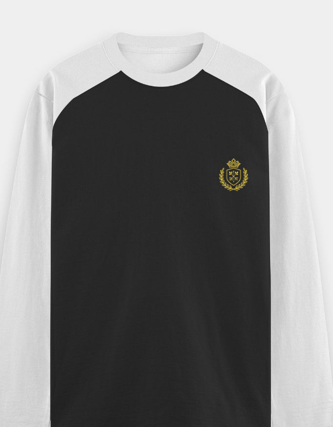 Black and white long-sleeve shirt with a gold emblem on a white background
Crestline Raglan T-Shirt