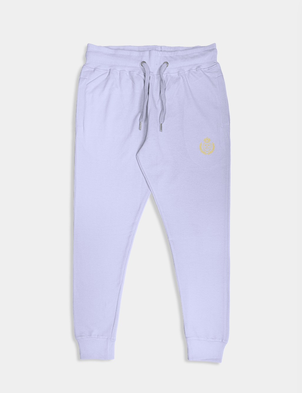 OFFHOUR Joggers in brushed cotton fleece – unisex comfort wear in premium minimalist style.

Light purple sweatpants with a small logo on a white background