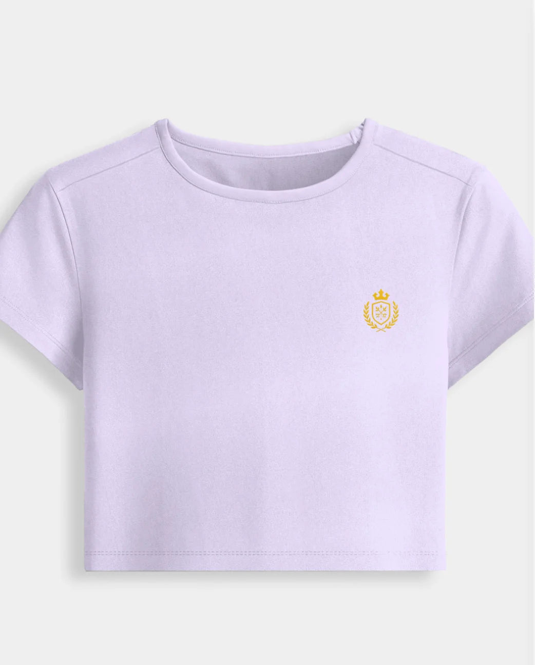 Lavender t-shirt with a small yellow logo on a white background
Premium stretch cotton fabric of CozyVora baby tee – soft-touch cropped t-shirt for women in neutral tones
