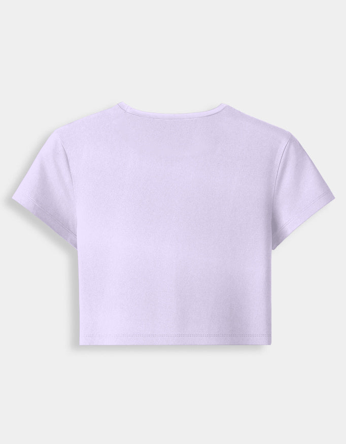 Lavender crop top on a light gray background
Premium stretch cotton fabric of CozyVora baby tee – soft-touch cropped t-shirt for women in neutral tones