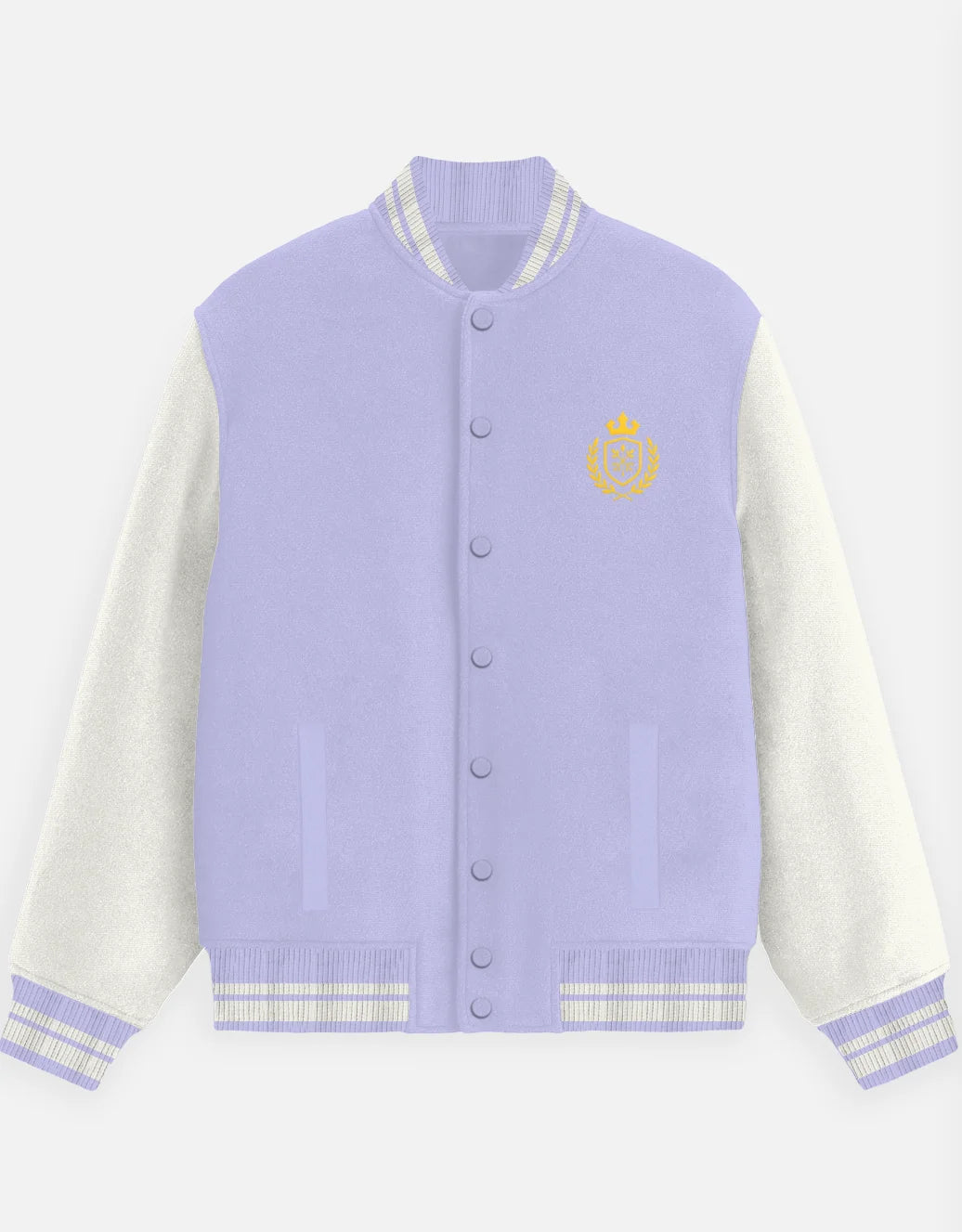 Light purple varsity jacket with white sleeves on a light gray background