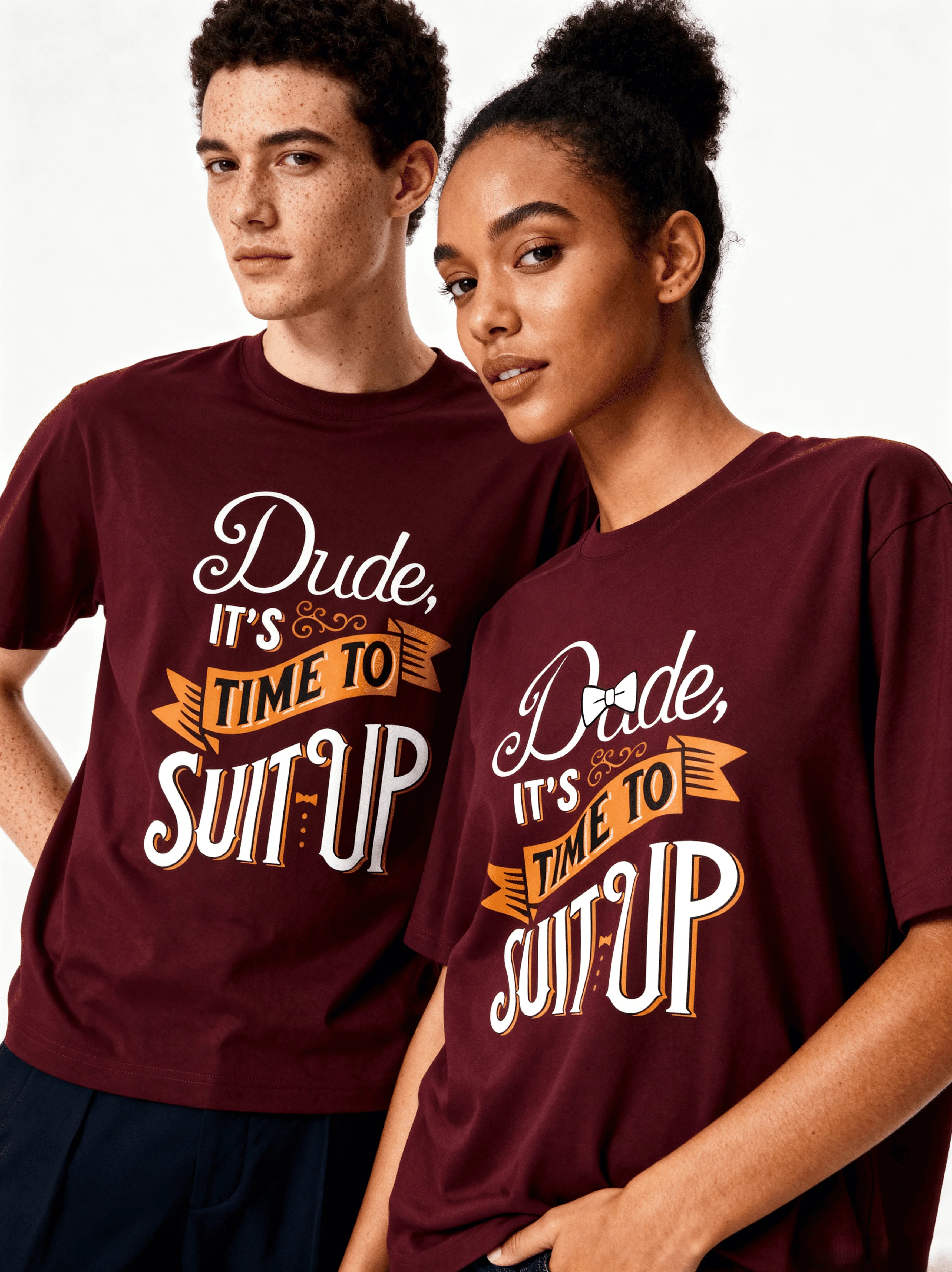 Two people wearing matching maroon t-shirts with a humorous print.
text is "Dude it's Time to Suit Up"