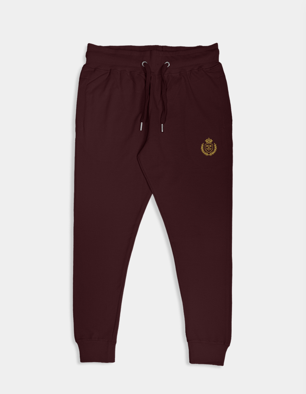 OFFHOUR Joggers in brushed cotton fleece – unisex comfort wear in premium minimalist style

Maroon jogger pants with a gold emblem on a white background