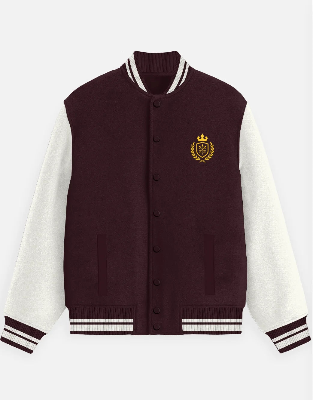 Varsity jacket with a crest on a white background