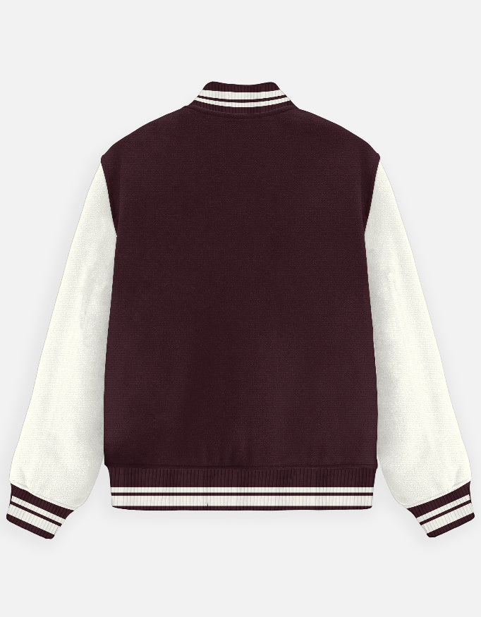 Varsity jacket with maroon back and white sleeves on a light gray background