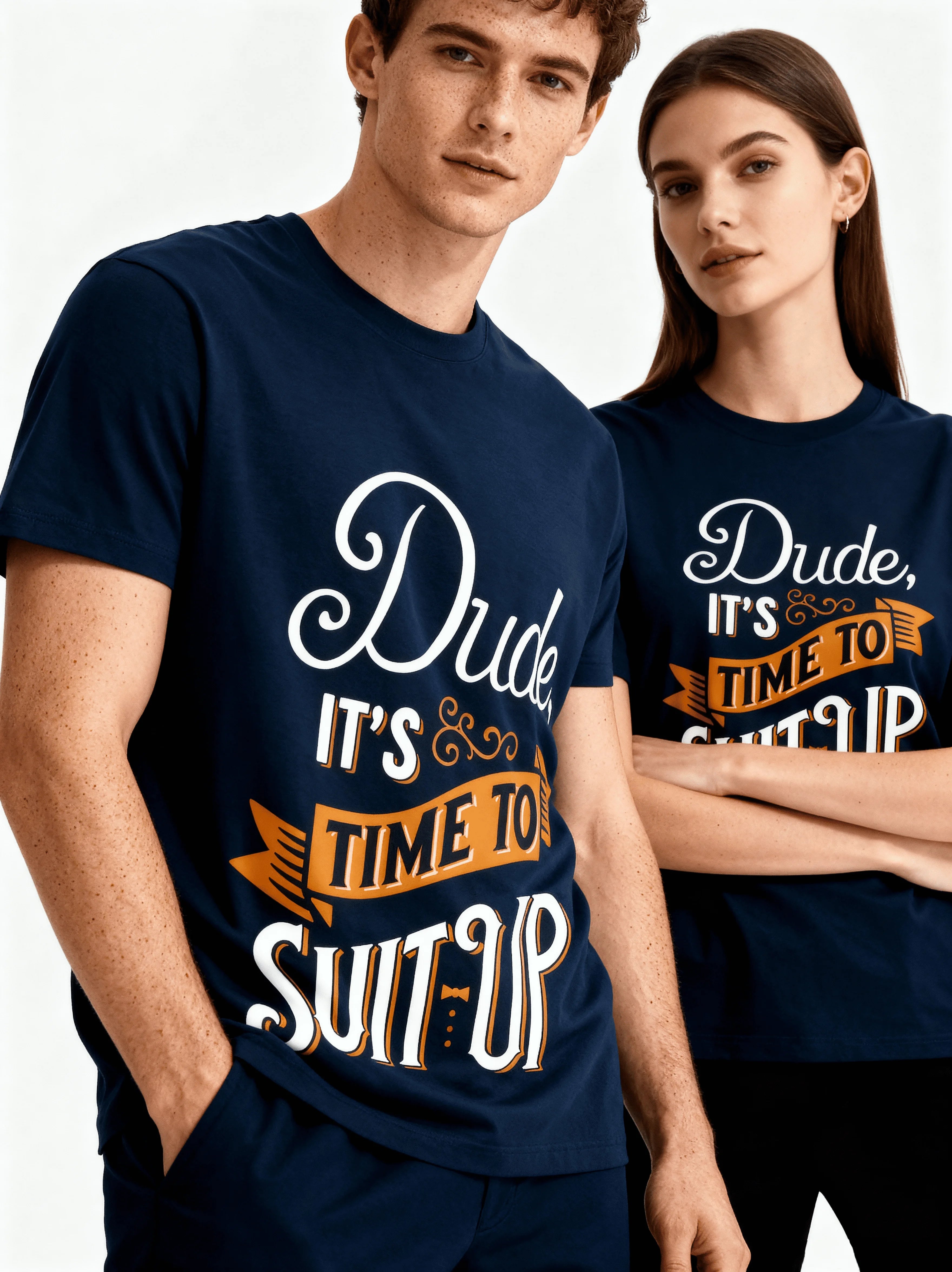 Two people wearing navy blue t-shirts with humorous text design.
text is "Dude it's Time to Suit Up"