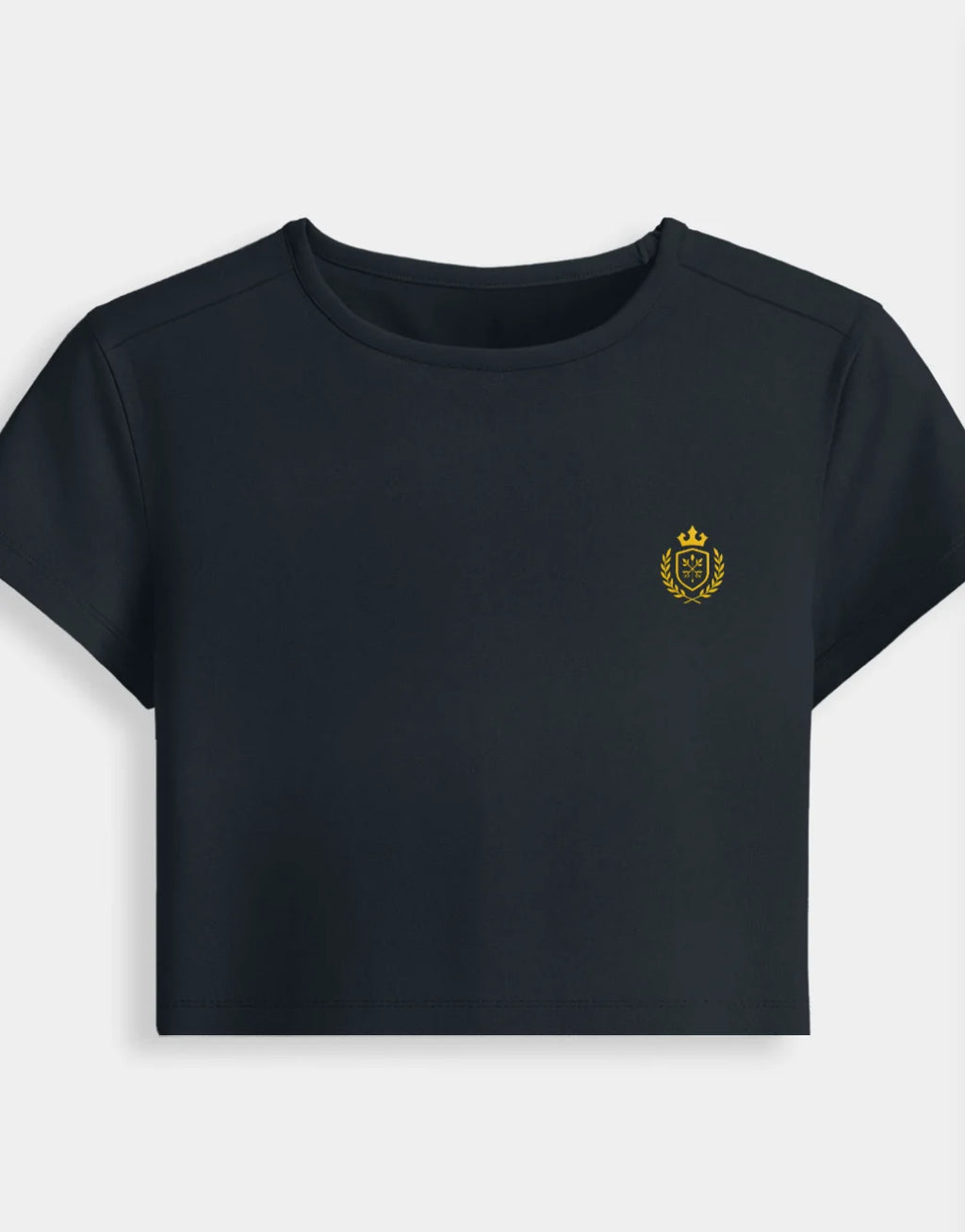 Black t-shirt with a yellow emblem on a white background
Premium stretch cotton fabric of CozyVora baby tee – soft-touch cropped t-shirt for women in neutral tones
