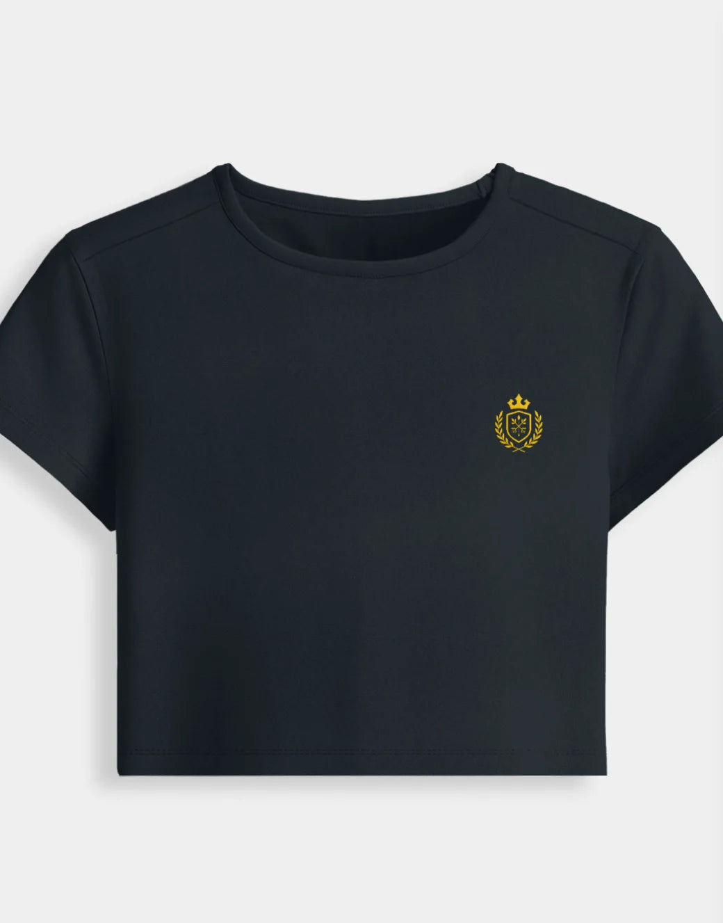 Black t-shirt with a yellow emblem on a white background
Premium stretch cotton fabric of CozyVora baby tee – soft-touch cropped t-shirt for women in neutral tones