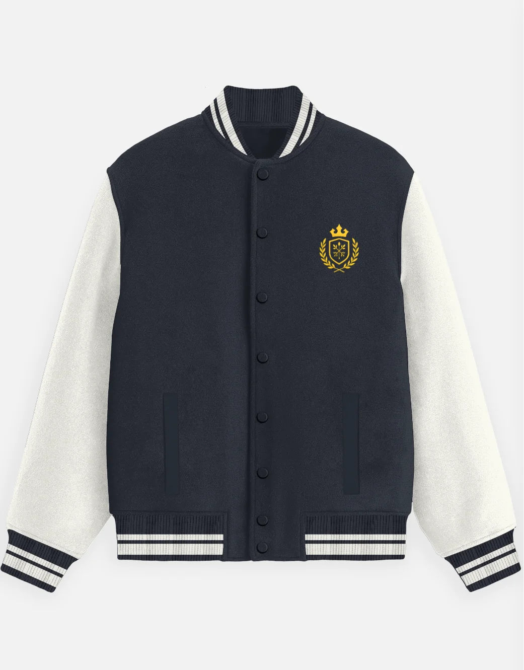 Navy and white varsity jacket with a crest on a white background