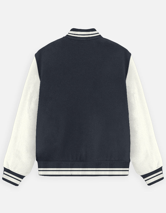 Navy and white varsity jacket on a light gray background