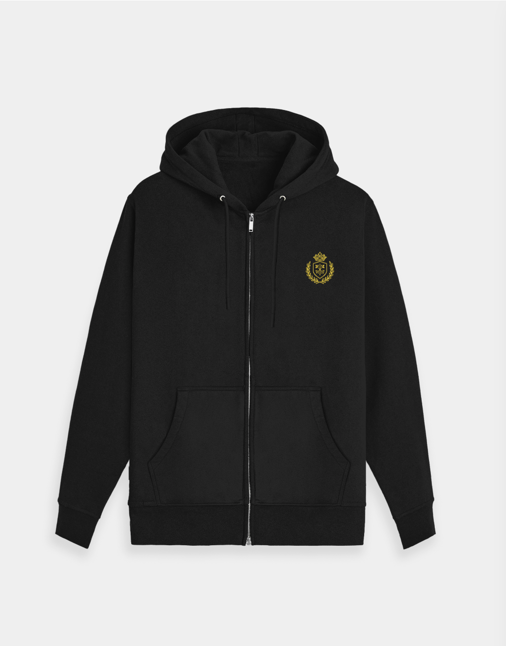 (Black hoodie with a gold emblem on a light gray background)
Obsidian Zip Hoodie – Heavyweight 400 GSM Fleece – Unisex Minimalist Layer – Full Zip – CozyVora