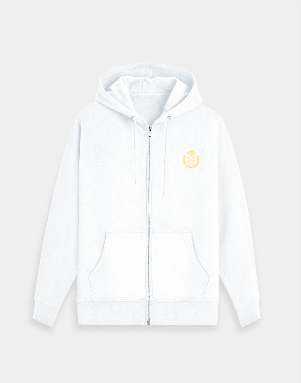 (White hoodie with a small yellow logo on a light gray background)
Obsidian Zip Hoodie – Heavyweight 400 GSM Fleece – Unisex Minimalist Layer – Full Zip – CozyVora