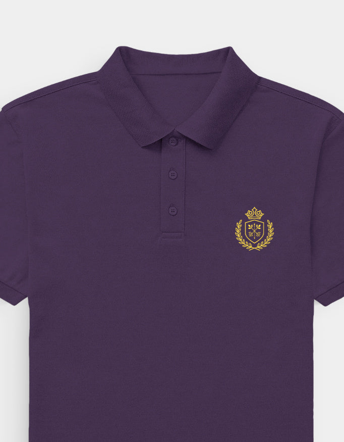 Purple polo shirt with a gold emblem on a white background
Purple Ravlen Polo