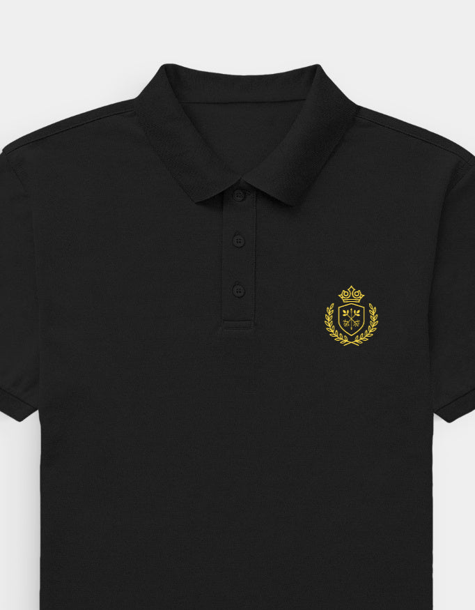 Black polo shirt with a gold emblem on a white background
Ravlen Polo
