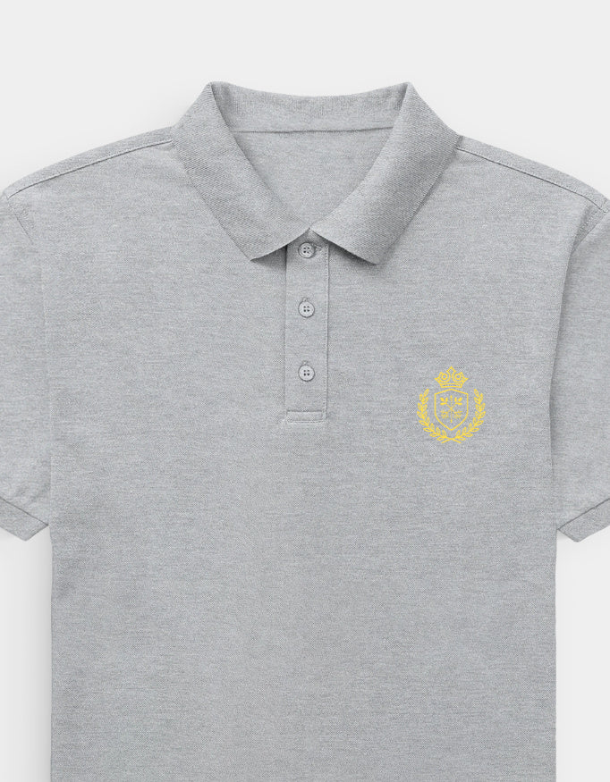 Gray polo shirt with a yellow emblem on a white background
Ravlen Polo