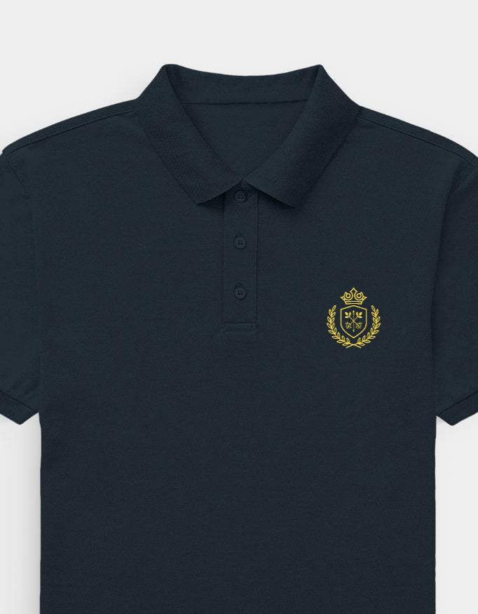 Navy blue polo shirt with a gold emblem on a white background
Ravlen Polo