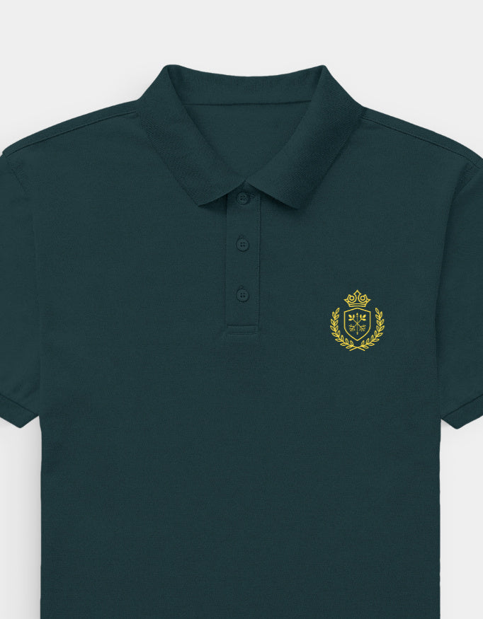 Dark green polo shirt with a gold emblem on a white background
Ravlen Polo