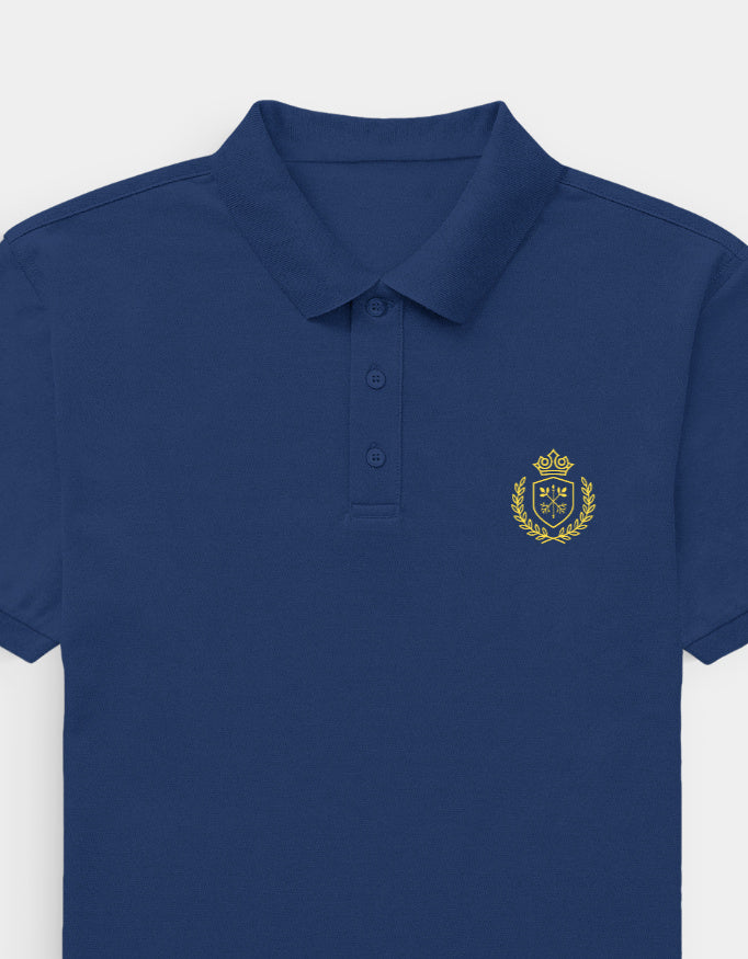 Navy blue polo shirt with a gold emblem on a white background
Ravlen Polo