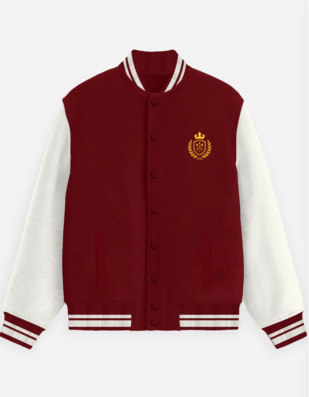Red and white varsity jacket with a crest on a white background
