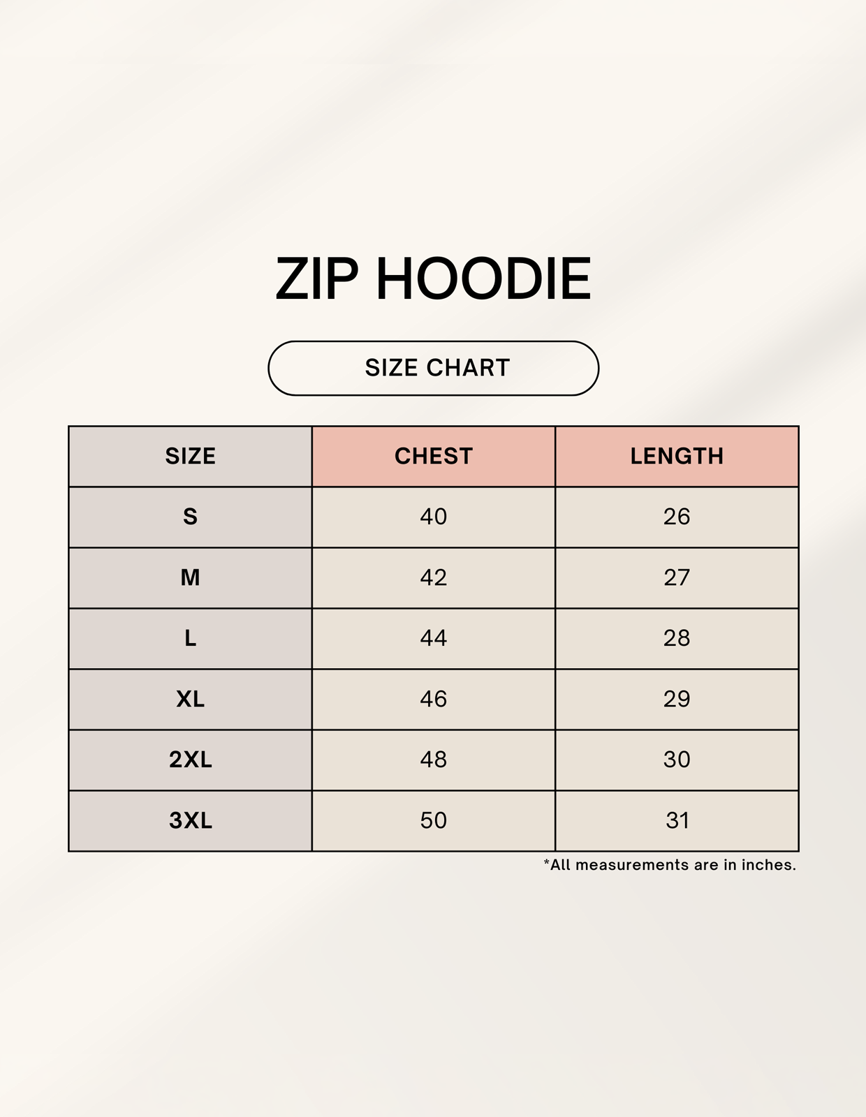 Size chart for a zip hoodie with chest and length measurements.