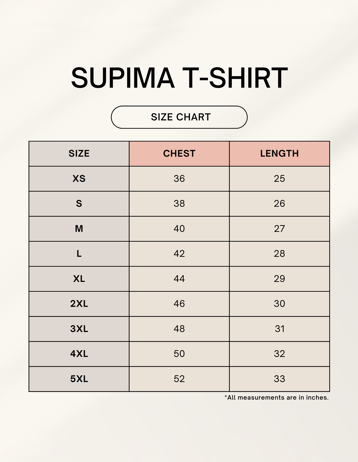 Size Chart
 Solven Supima T-shirt