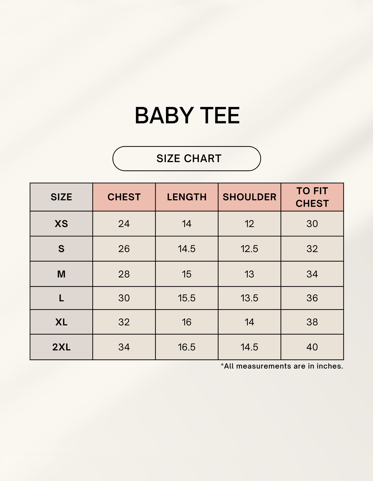 Size Chart of
The Baby Tee by CozyVora