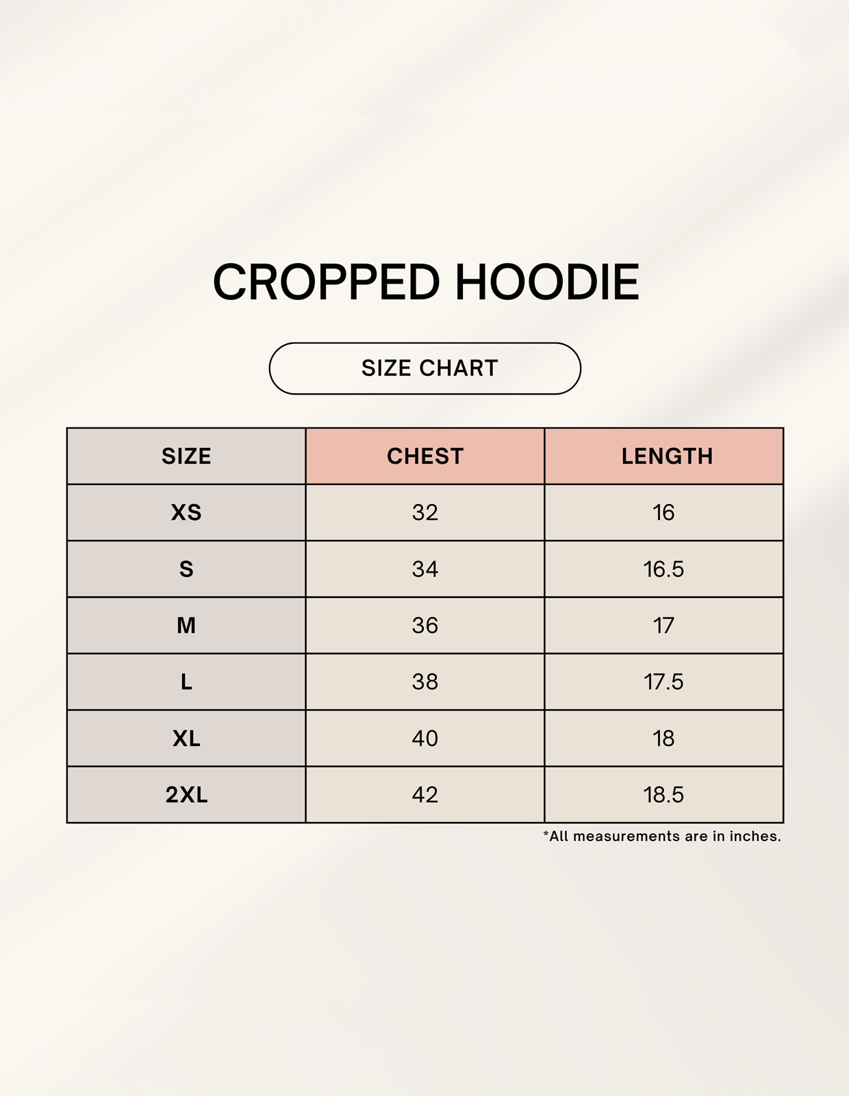 Size Chart of 
Crestcrop Cropped Hoodie – Women’s 320 GSM Fleece – Minimalist Fit – CozyVora