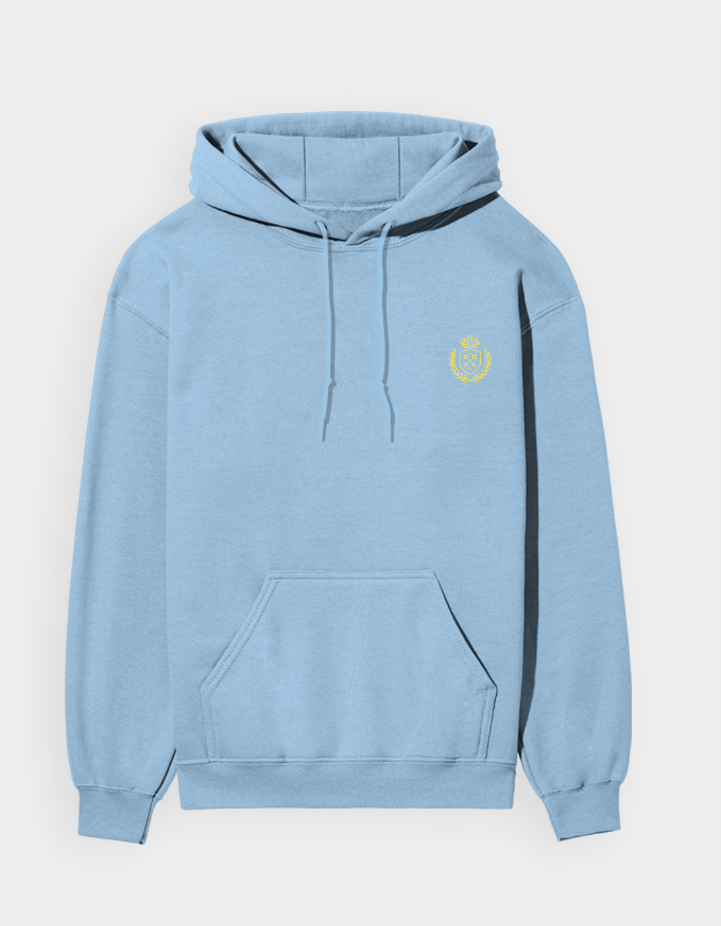 Light blue hoodie with a small yellow emblem on a white background