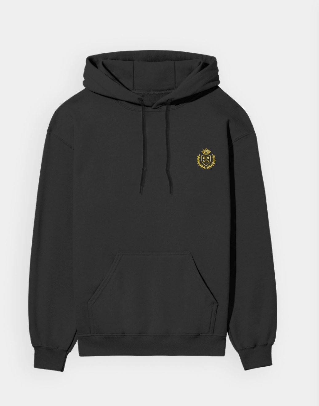 Black hoodie with a yellow emblem on a white background
