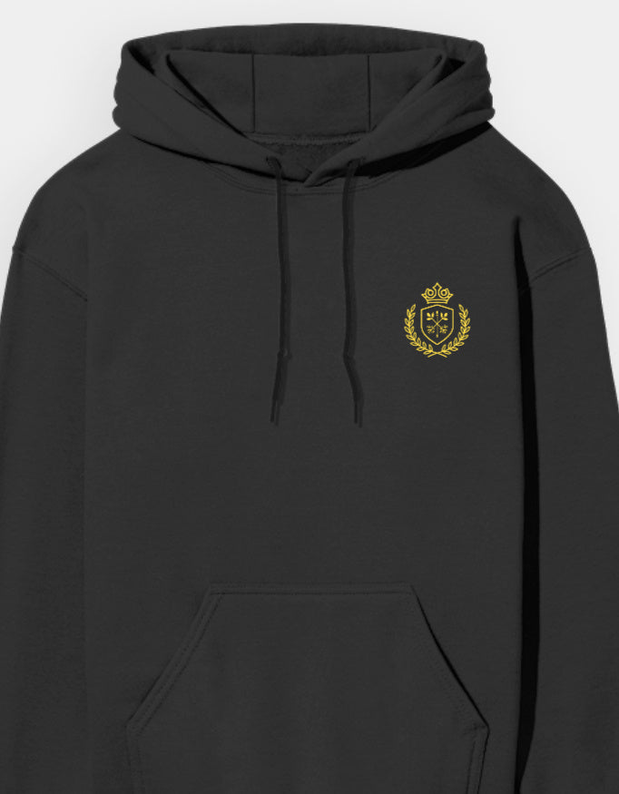 Black hoodie with a gold emblem on the chest against a white background