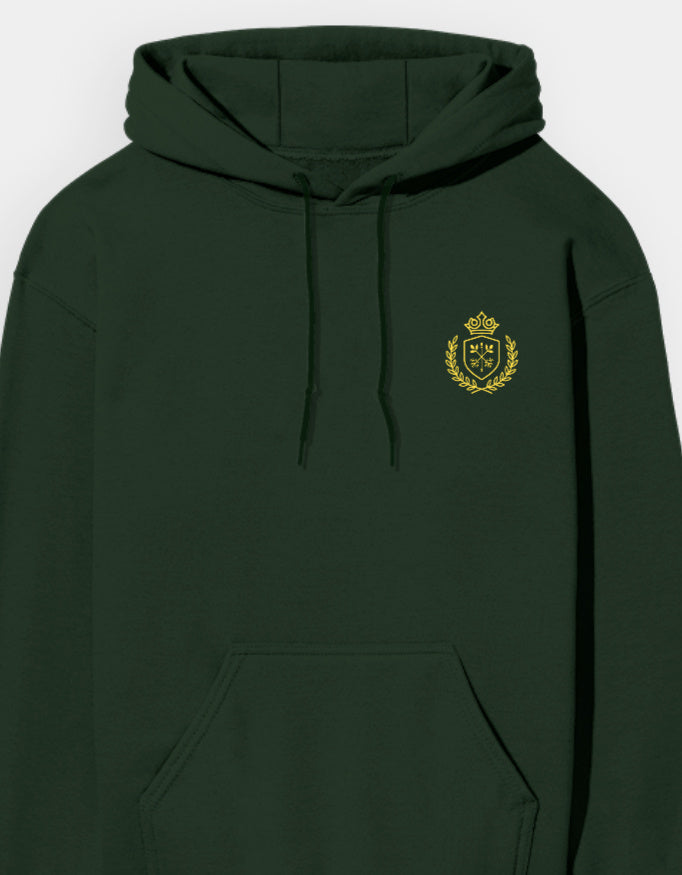 Green hoodie with a gold emblem on a white background