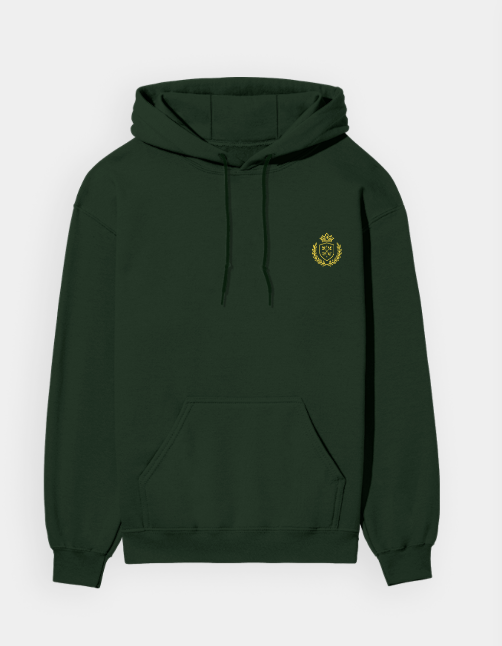 Green hoodie with a gold emblem on the chest against a white background